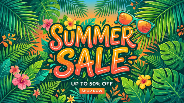 Vibrant summer sale advertisement with surfboard and tropical leaves