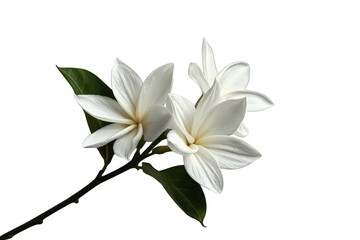Obraz premium Gardenia flowers blooming on a stem with vibrant green leaves, showcasing natural beauty and purity. Transparent background