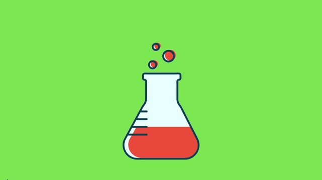 Flat Vector Icon of a Scientific Chemistry Glass Flask with Bubbling Liquid Isolated on Green Background