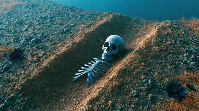 Buried skeleton in dirt trench with skull and bone remains, eerie grave scene
