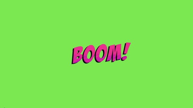 Dynamic Boom Onomatopoeia Text with Bold Pink Letters on Bright Green Background