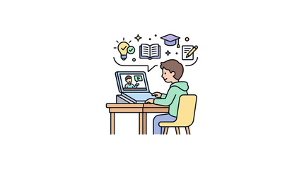 Fototapeta premium Young boy learning online with laptop, graduation cap and lightbulb idea icons