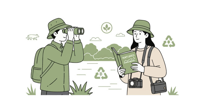 Flat vector illustration of nature enthusiasts observing wildlife; man with binoculars and backpack, woman reading nature guide with camera, featuring environmental icons and trees.