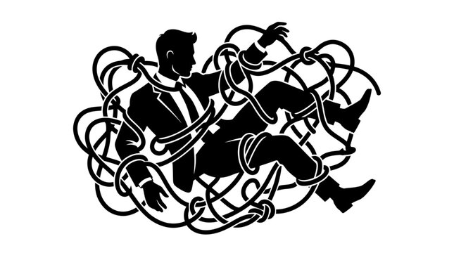 Businessman entangled in rope, symbolizing stress, confusion, and challenges in business