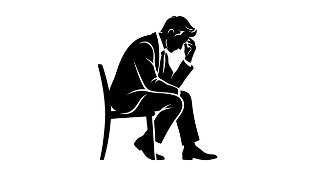 Silhouette of a businessman sitting on a chair, head in hands, contemplating