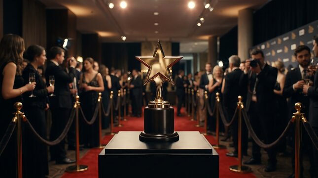 Audience celebrating with oscar statue on stage at awards show