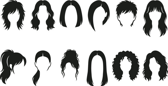 Female hairstyles silhouettes set with different long short curly and straight hair vector design