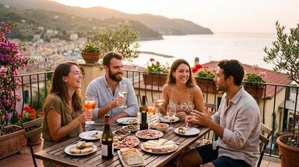 Obraz premium Happy Friends Enjoying Al Fresco Dining on a Scenic Italian Terrace