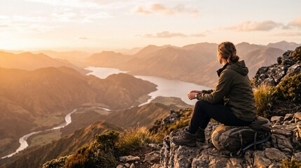 Naklejka premium Female hiker sitting on mountain summit enjoying sunset over lake and river