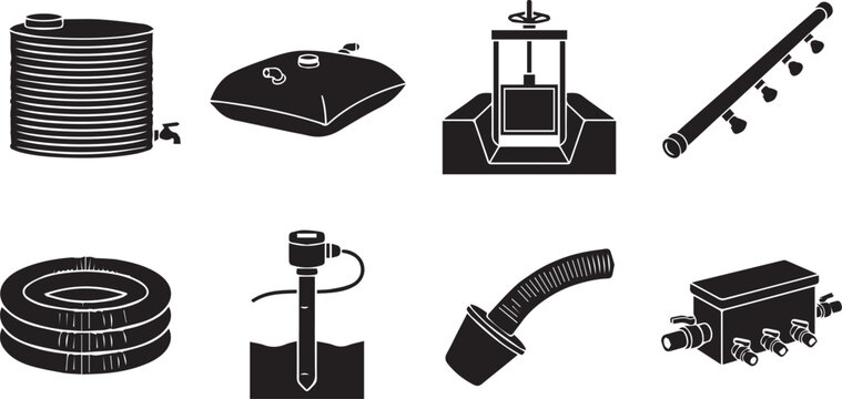 Water management irrigation tanks and canal sluice gate silhouettes