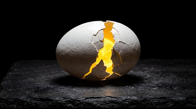 Cracked white eggshell revealing a glowing miniature sun inside on a dark stone surface representing cosmic creation