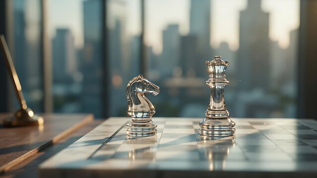 Silver chess pieces on a board with a city view through a window  strategy and business concept
