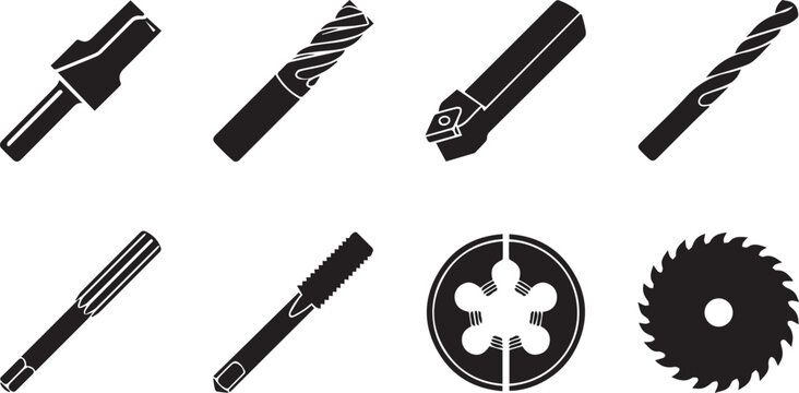 Milling cutters lathe tools and industrial drill bits vector silhouette