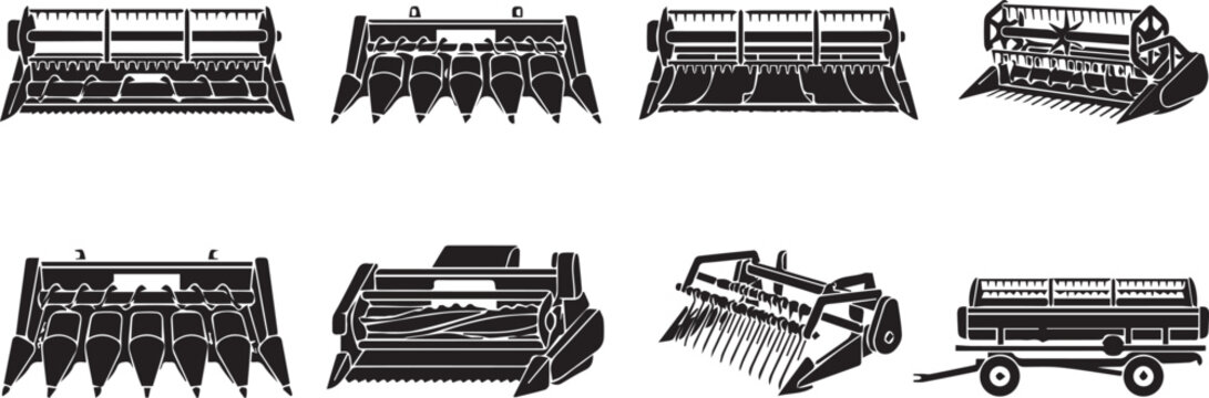 Heavy machinery combine harvester headers and crop reaping parts vector silhouettes