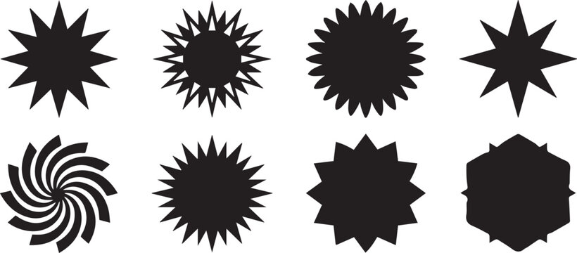 Retro sunburst badges and star sticker shapes vector set