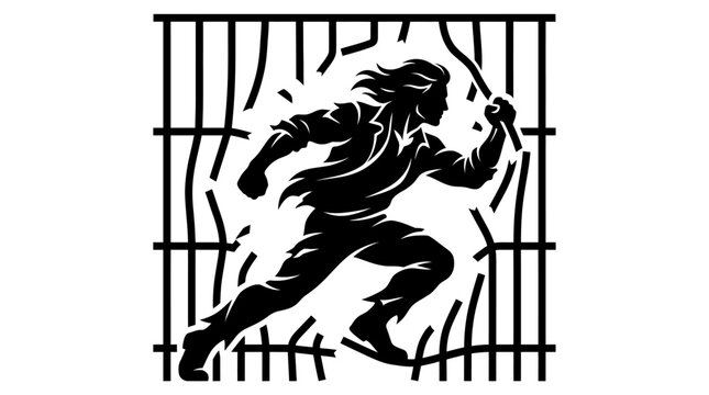 Man breaking free from prison bars, silhouette, escape concept
