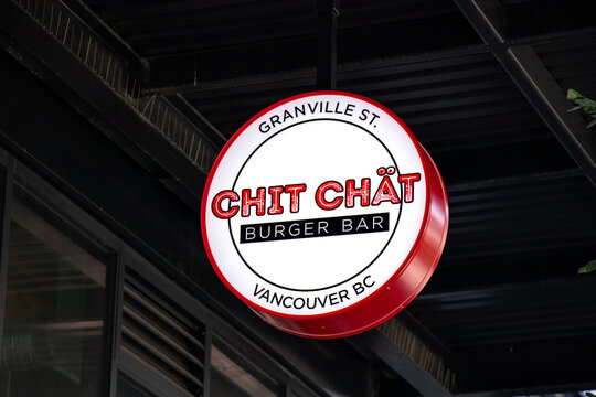 View of sign Chit Chat Burger Bar in downtown Vancouver