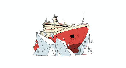 Red icebreaker ship crushing through arctic ice © Alfianto