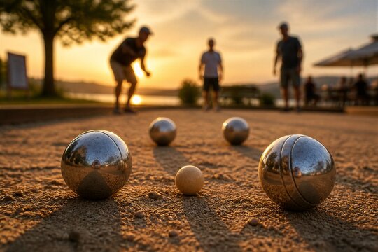 A group of friends enjoys a game of bocce ball as the sun sets behind them. The scene shows shiny balls resting in the sand, with trees and water in the background.