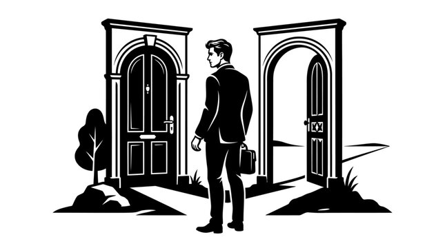 Businessman at crossroads, choosing between two doors, decision making, opportunity concept