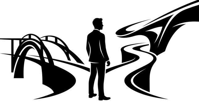 Businessman standing at crossroads, looking at multiple paths and bridges, decision making