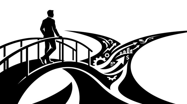 Businessman crossing bridge to multiple business paths with icons and arrows