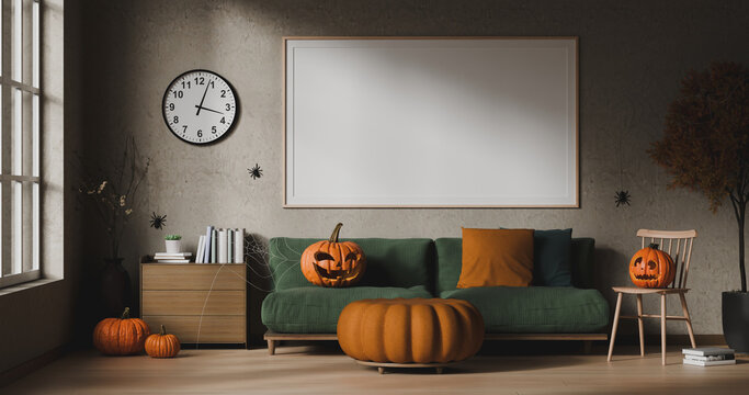 Halloween Decorated Living Room 3D Illustration with Jack o Lanterns, Spiderwebs, and Blank Frame Mockup