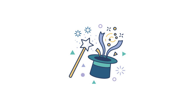 Magic wand and top hat with sparkling confetti and stars