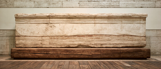 Obraz premium Roman plaster wall texture stone plinth historic architecture beige surface weathered stone wall panel interior backdrop museum display
