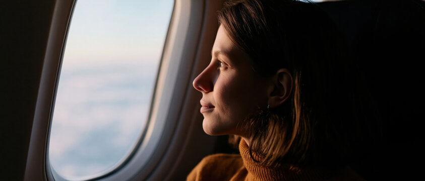 Woman airplane window seat travel relaxation profile passenger interior cabin flight view contemplation