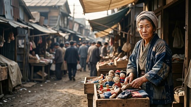 戦後の闇市で働く女性 たくましく生きる人々と手作りの人形