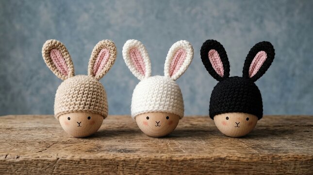 Easter bunny wooden toys in crochet hats