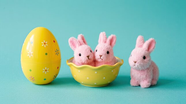 Easter bunnies in a yellow bowl with decorative egg