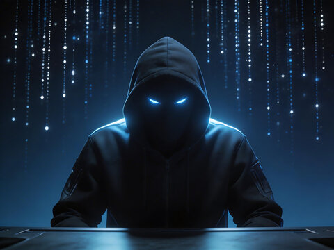 Hooded figure with glowing eyes in dark setting