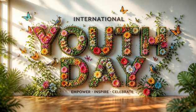 International youth day banner featuring large green grass letters filled with colorful flowers birds and butterflies against white wall.
