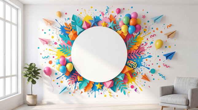 Colorful party background with blank white circular frame surrounded by paper airplanes balloons stars and paint splatters on white wall.