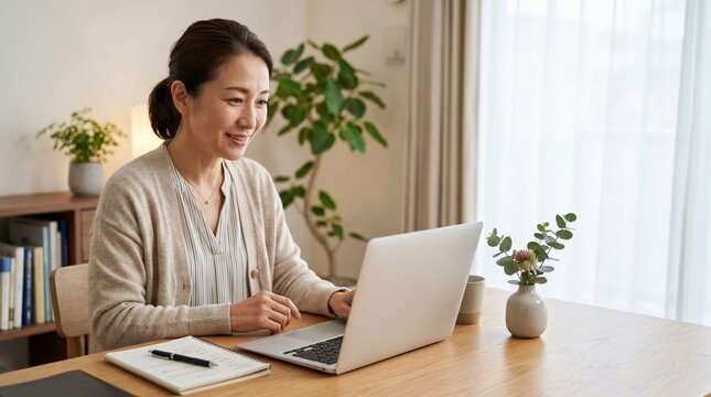 自宅でノートパソコンを使ってオンライン作業をする40代の日本人女性