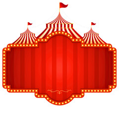 Vintage Red and White Striped Circus Tent Marquee Frame with Glowing Marquee Lights for Carnival Event Announcements and Festival Performance Titles © sachintha