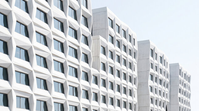Low angle view of a modern skyscraper building with a white geometric triangular pattern facade against a clear sky.