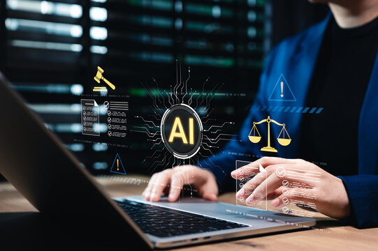 Artificial intelligence regulation law and AI ethics compliance governance system concept. Lawyer using laptop to audit digital tech legal policy, data risk rule, regulatory review, ethical governance