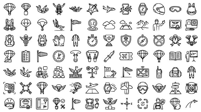 Skydiving Adventure Thin Line Icon Set with Parachutes Freefall and Aviation Equipment Vector Illustration