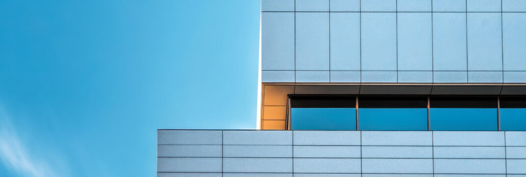 The exterior wall of a contemporary commercial style building with aluminum metal composite panels and glass windows