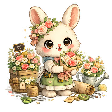 cute chibi rabbit, chibi rabbit, rabbit florist, cute bunny, kawaii rabbit, adorable bunny, flower shop, florist, bouquet, fresh flowers, floral arrangement, blooming flowers, wildflowers, roses, tuli