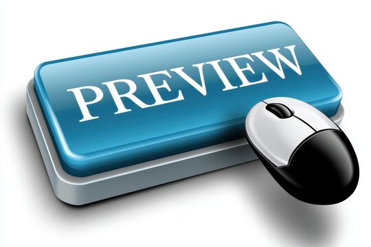 Blue preview button with mouse, isolated on white background. Web UI.