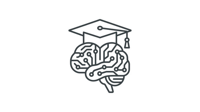 Minimalist Black and White of Graduation Cap on Circuit Board Brain Symbolizing AI Education with high quality professional line art symbols for modern creative design and digital branding projects