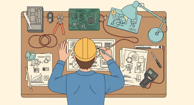 Overhead vector illustration of an engineer in a hard hat working on technical blueprints at a desk with a circuit board, pliers, desk lamp, and digital testing equipment.