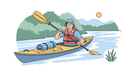 Obraz premium Vector illustration of a man paddling a kayak on a calm river with mountain and tree background; person wearing a life jacket and bucket hat for outdoor water sports and eco-tourism.