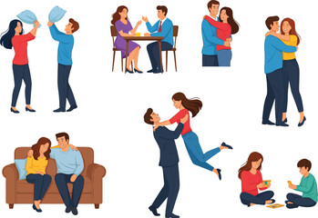 Obraz premium Set of cute couples in love doing different activities like dancing hugging sitting on couch and eating dinner together in colorful flat cartoon illustration style