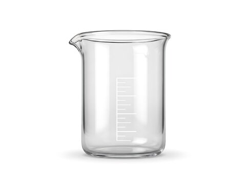 Clear glass lab beaker with measurement markings on white background.