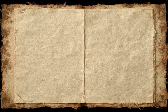Aged blank paper texture, open book page, vintage parchment background, empty spread, rough edge paper